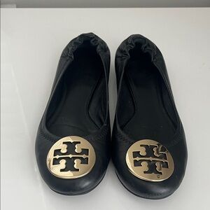 Tory Burch Black Flats with Gold Emblem